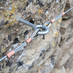 A close up of wire trellising attached to a stone wall.
